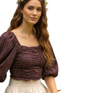 Subdued Floral Cropped Prairie Cottage Core Style Puffed Sleeve Top Size 6